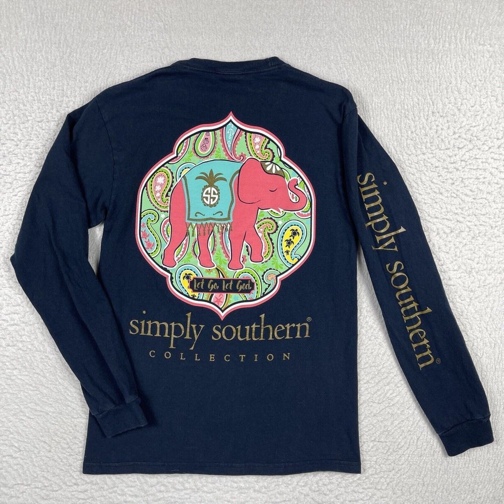 Simply Southern Shirt Womens Small Blue Preppy Pink‎ Elephant Paisley Logo Tee